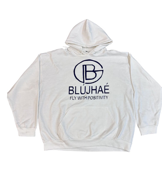 White hoodie with a navy-blue logo