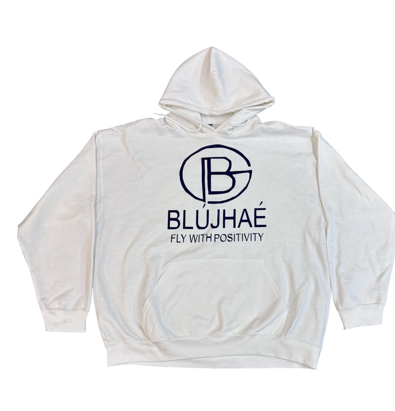 White hoodie with a navy-blue logo